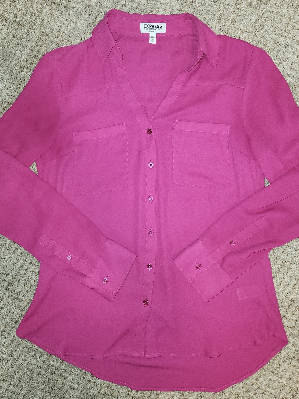 Express Fuchsia Long-Sleeve Button-Down Sheer Blouse